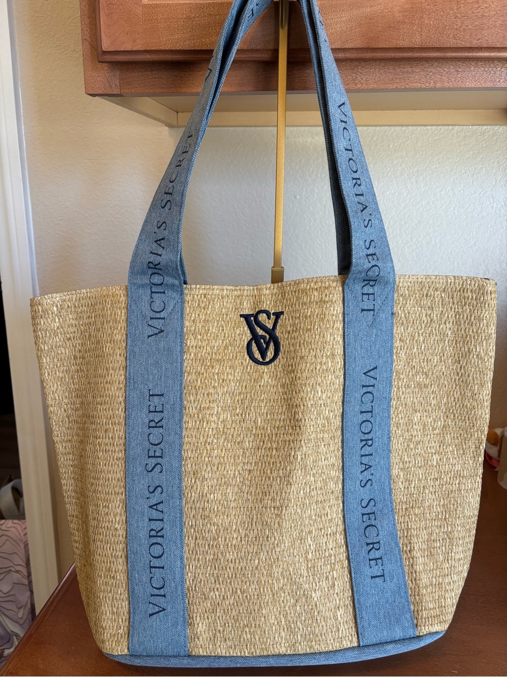 Victoria's Secret Natural Straw Tote with Blue Denim Handles